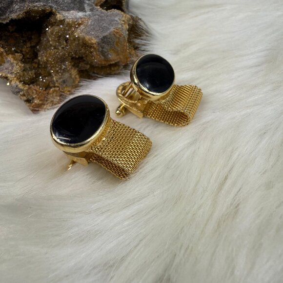 Vintage Other - Vintage Men's Cuff Links Black Oval Mesh Wrap Around MCM Formal